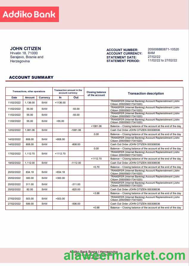 Bosnia and Herzegovina Addiko Bank statement
